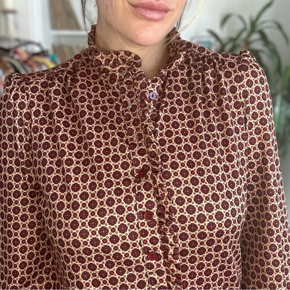 Vintage 70s Dress Geometric Ruffle Victorian Collar Maroon Medium Large - Picture 5 of 6